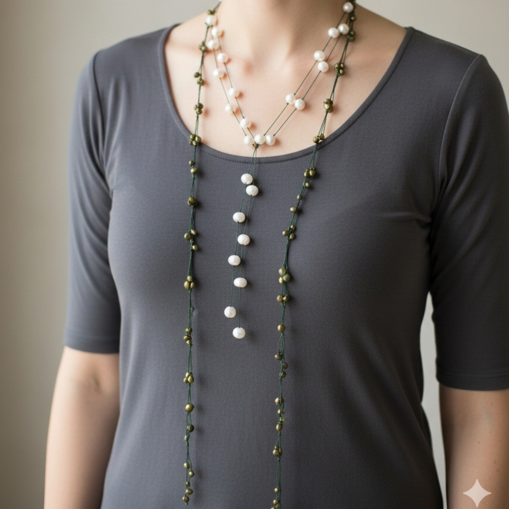 Genuine Freshwater Olive Pearl Lariat Handknit Pearl Scarf - Picture 11 of 11